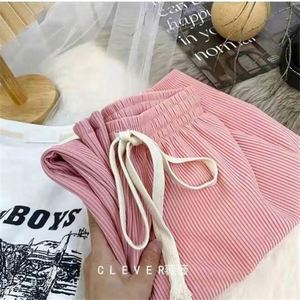 Pantalon large pour femme, coupe droite, à rayures, taille haute élastique avec cordon de serrage, couleur unie - Product Image 5