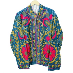 Elegant <b>Woman</b> Suzani Printed Velvet Cotton <b>Jacket</b> with Embroidery Open Stitch Closure Hand Drawn Autumn Standard Outerwear - Product Image 1