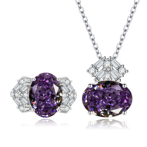 Fashion Iced Out Purple <b>Necklace</b> Geometric Ring Set <b>Copper</b> 10*10mm Oval Cut Cubic Zirconia Wholesale Jewellery Set For Women - Product Image 1