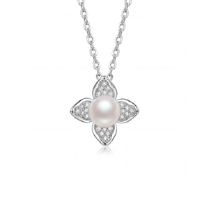 Natural Four Leaf CZ Accent Freshwater Pearl Pendant Necklace <b>Silver</b> Plated Copper Jewelry Elegant Floral <b>Choker</b> for Women - Product Image 1