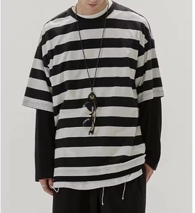 T-Shirt a Maniche Lunghe da Uomo con Stampa Digitale a Righe, Stile Hip Hop Casual, Bianco <span class=keywords><strong>e</strong></span> Nero, in Maglia a Doppio Strato, 100% Cotone - Product Image 1