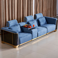 Canapé inclinable électrique de luxe 3 places avec table console, porte-gobelets, USB, velours bleu, finition dorée