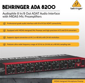 Interface audio numérique Behringer Ultragain ADA8200 Audiophile 8 entrées/8 <span class=keywords><strong>ADAT</strong></span> avec préamplificateurs micro MIDAS et 4 câbles XLR de 25 pieds - Product Image 2