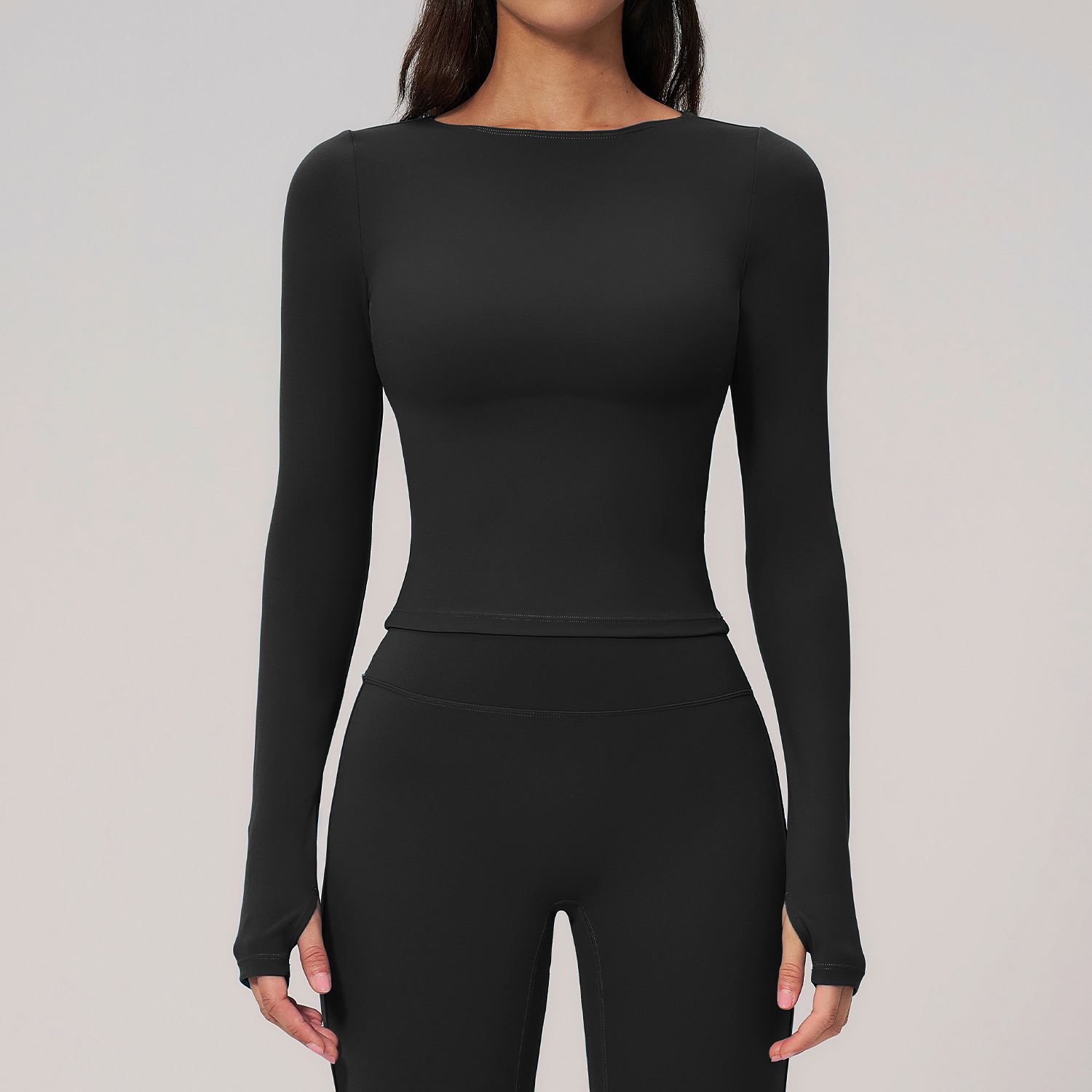 Women's Lightweight Sports Long-Sleeved Slim-Fit Yoga Top Crewneck Breathable Front Print Seamless Solid