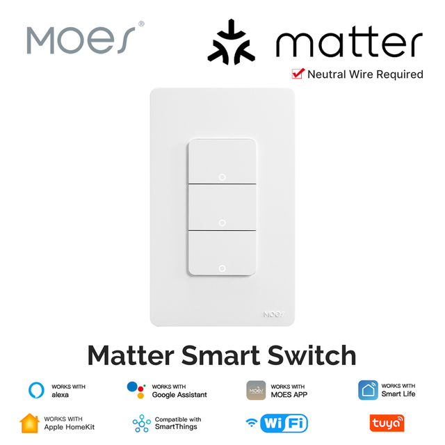 MOES Matter WiFi Smart Light Button Switch App Control Smart Things Google Home Apple Home) Neutral Wire Required Grounding