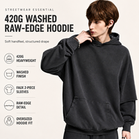 Sweat à capuche en molleton lavé 420 GSM, manches double épaisseur, effet vieilli vintage, streetwear pour homme, fourniture d'usine