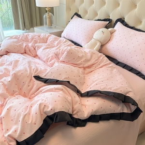 Set di Biancheria da <span class=keywords><strong>Letto</strong></span> in Cotone Lavato a Pois, <span class=keywords><strong>Tessuto</strong></span> a Doppia Garza con Bordo Nero Arricciato, Lenzuola Traspiranti Lavabili in Lavatrice - Product Image 3