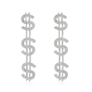 2024 מכירה חמה דולר ארה""ב סימן כסף ארוך טיפה עגילי מבריק ריינסטון אופנה נשים עגילי צמודים