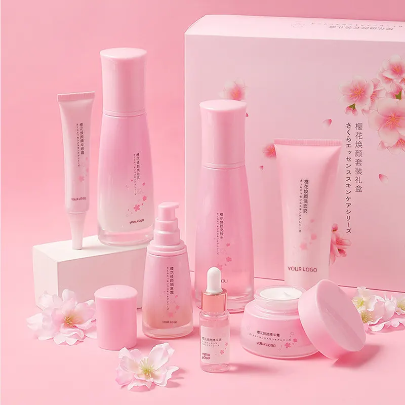 Private Label Sakura Huidverzorging Gift Set Hydraterende Reiniging Heldere Tere Huid Bevorderen Absorptie Roze Gezichtsverzorging Set