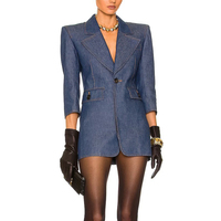Grosir jaket blazer denim dicuci saku lengan panjang menengah gaun Mini Blazer Denim bantalan bahu streetwear wanita