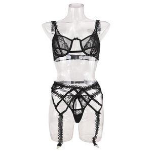 Hot Selling Women's <b>Sexy</b> Lingerie <b>Set</b> Fashionable Embroidery Mesh Splicing Lace Lingerie Three Piece <b>Set</b> - Product Image 6
