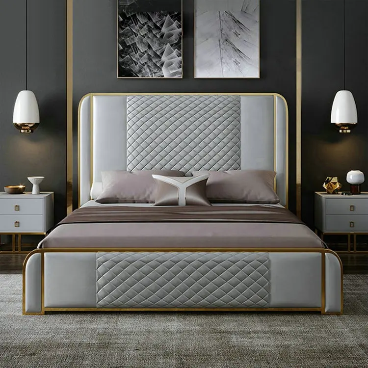 Ensemble de lit en cuir, mobilier de chambre à coucher moderne et simple, cadre en bois massif, double king size