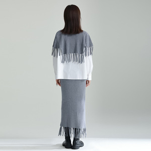 Set di due pezzi grigio alla moda da <span class=keywords><strong>donna</strong></span> autunno nuovo Design senso nicchia nappa scialle gonna vestito a due pezzi lavorato a maglia - Product Image 6