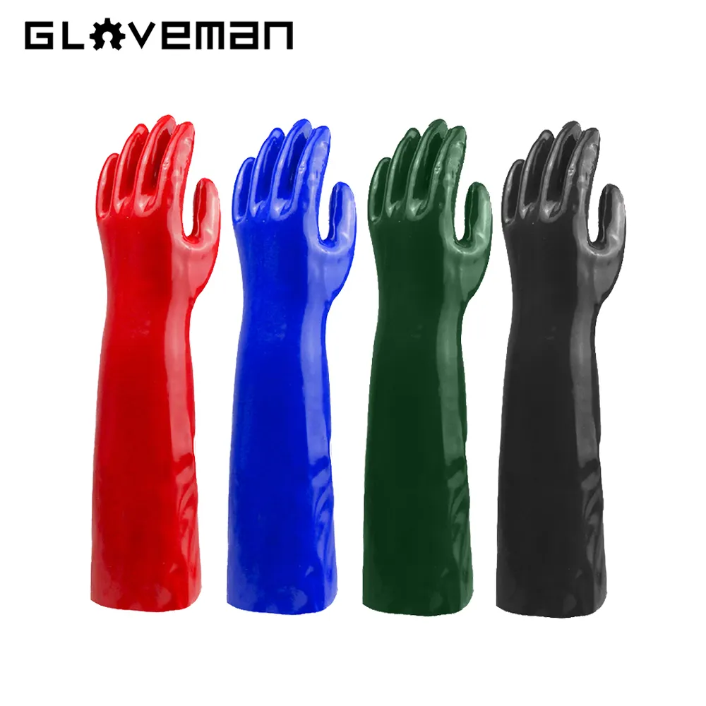 Gloveman 60cm dầu axit kiềm kháng hóa chất an toàn Công nghiệp làm việc cao su dài tay áo màu đỏ PVC tráng găng tay không thấm nước
