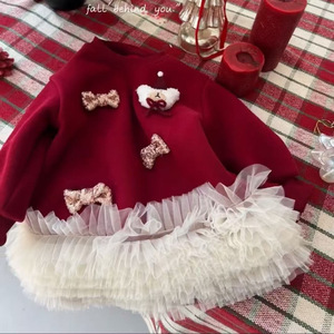 Christmas Kids Dress Red Fleece One Piece With Bear Applique And Bowknot For Girls 1 Year Old - Product Image 5