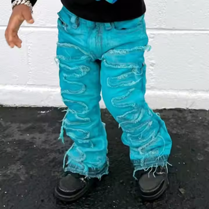 Vente en gros de jeans pour garçons personnalisés High Street lavés avec écussons endommagés Jeans skinny déchirés de créateurs de mode pour enfants - Product Image 1