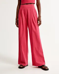 شعار مخصص أزياء سروال سادة وردي اللون فضفاضة تناسب ثياب القطن الكتان السراويل الساق واسعة