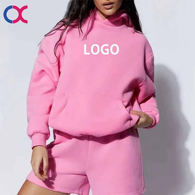 Custom Women Clothing Cotton Fleece Sweat Shorts Set Pink Tracksuit Unisex Hoodie And Jogger Shorts Two Pieces Set For Women