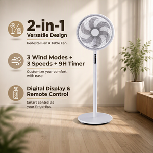 Ventilateur sur pied/ventilateur de table 2-en-1 de 16'', 45W, 3 vitesses, 6 pales en PP, 75 °   Oscillation, minuterie 9H, télécommande pour la maison/le bureau - Product Image 1