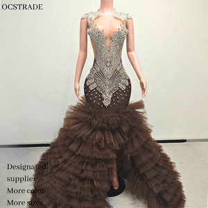 Ocstrade quần áo nhà sản xuất lấp lánh màu nâu Rhinestone Nàng Tiên Cá Gown Layered Tulle Train <span class=keywords><strong>Wedding</strong></span> Gown Dresses đối <span class=keywords><strong>v</strong></span>ới ảnh cưới - Product Image 1