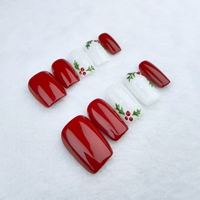 Dibujado a mano rojo festivo corto cuadrado usable nail art puro hecho a mano a presión las uñas se pueden reutilizar