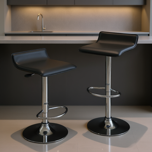 Bar <b>Stool</b> Set Of 2 Black Faux Leather <b>Adjustable</b> Chrome Base Modern Design Home Bar Furniture - Product Image 2