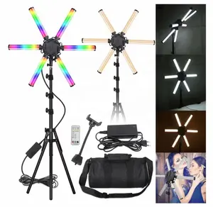 Ring light de led com tripé e maquiagem, 26 polegadas, 6 braços, rgb, fotografia, com suporte, para vídeos, maquiagem ao vivo