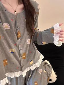 <span class=keywords><strong>Pigiama</strong></span> da donna in stile coreano popolare con stampa di cartoni animati, con finiture in <span class=keywords><strong>pizzo</strong></span>, all'ingrosso, set di camicie da notte grigie per primavera <span class=keywords><strong>e</strong></span> autunno - Product Image 6