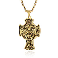 Liontin Kalung Pria Salib Santo Mikhael Pelindung, Perhiasan Religius Gotik, Bahan Baja Tahan Karat 316L Lapis PVD