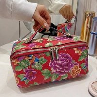 Trousse de maquillage élégante à fleurs Pochette à cosmétiques en cuir PU personnalisée de luxe pour les femmes Voyage en plein air avec poignée Trousse à maquillage florale