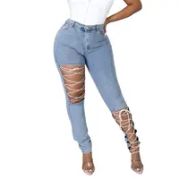 Trasporto di goccia vendita calda nuova moda Streetwear pantaloni Sexy Jeans Skinny allacciati blu pantaloni Jeans strappati in Denim sottile per le donne
