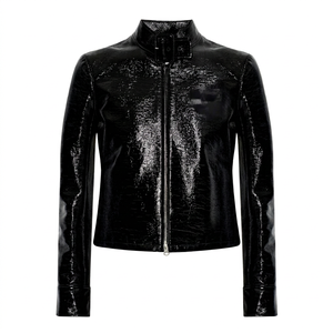 High Quality Black Ladies Cowskin Leather Short <b>Biker</b> <b>Jacket</b> with Button Custom Logo Factory Wholesale Customization - Product Image 1