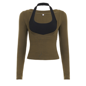Conjunto de Dos Piezas de Punto con Cuello Halter en Bloques de Color, Chaleco sin Mangas con Cuello en U y Top de Manga Larga, Atuendo Casual Retro Y2K para Mujer - Product Image 6
