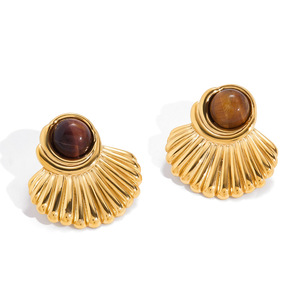 Pearl <b>Stud</b> <b>Earrings</b> Gold Plated Fan Shape Bezel Set Everyday Wear - Product Image 5