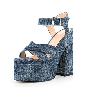 15CM High Chunky Heels Thick Platform Women's Denim Sandals Square Open Toe Cross Strap Girl Blue Summer <b>Shoes</b> - Product Image 4