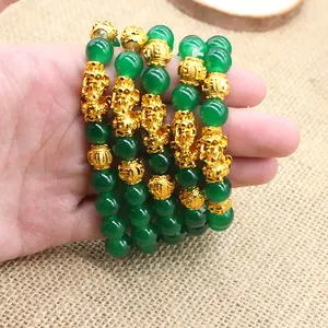 Gelang emas giok hijau 10mm, gelang jimat keberuntungan Feng Shui kekayaan PIXIU untuk hadiah