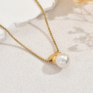 Geometric Pendant <b>Necklace</b> With Imitation Pearl Gold Chain For Women Party Jewelry - Product Image 1
