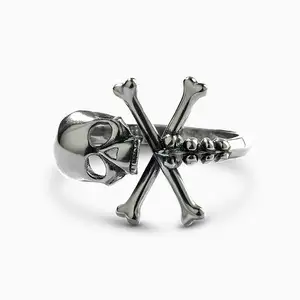 New Gothic Style Jolly Roger Heavy Punk Real 925 Sterling Silver Skull Skeleton Ring Band per uomo donna Finger