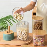 Wadah penyimpanan makanan dapur grosir, toples bumbu plastik bening dengan tutup bambu tertutup