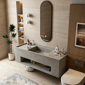 Lavabo minimalista personalizado de losa de roca gris sin juntas, espejo inteligente colgante de pared para baño, ideal para villas y hoteles. - Product Image 5
