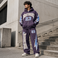 Ensemble de survêtement 2 pièces pour homme, style urbain vintage, avec sweat à capuche zippé à motif graphique délavé et appliqué, et pantalon de survêtement à jambes larges, fabrication OEM sur mesure