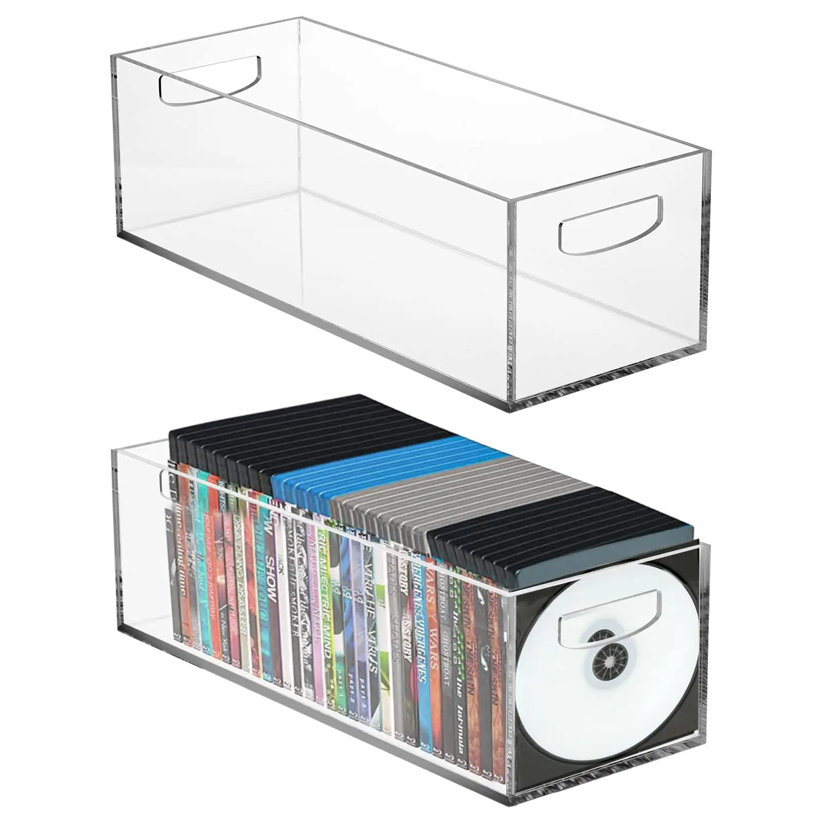 Caixa de suporte para DVD transparente com alças, recipiente de armazenamento empilhável, organizador de prateleira, caixa acrílica para armazenamento de DVD/CD, atacado de fábrica