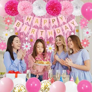Kit Decorazioni Rosa Rosso per Feste di <span class=keywords><strong>Compleanno</strong></span> con Striscione '<span class=keywords><strong>Buon</strong></span> <span class=keywords><strong>Compleanno</strong></span>', Tenda, Palloncini, Pompon, Ghirlanda di Puntini - Product Image 3