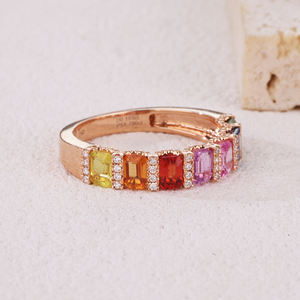 แหวนเพชรธรรมชาติสีโรสโกลด์18K ประดับแซฟไฟร์หลากสีตัดมรกตทำจากทองธรรมชาติสำหรับเป็นของขวัญวันเกิด - Product Image 5