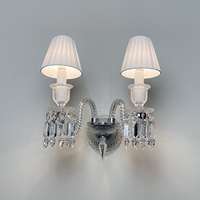 Applique murale vintage à 2 têtes en tissu plissé et cristal facetté, style luxe léger français, pour villa, chambre, chevet, couloir, hôtel