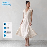 Robe midi en mélange coton-lin, personnalisable par le fabricant, avec bordure en dentelle, col en V profond, manches courtes, respirante, pour femme, style décontracté ou de villégiature