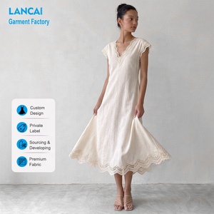 Abito Midi in <span class=keywords><strong>Misto</strong></span> Cotone e <span class=keywords><strong>Lino</strong></span>, Produzione Personalizzata, Bordo in Pizzo, Scollo a V Profondo, Maniche Corte, Traspirante, Vestito Casual da Donna per Resort - Product Image 1