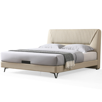 Cadre de lit king size moderne de luxe, design italien, revêtement en cuir véritable, bois de pin, beige, lit double, meubles de chambre à coucher