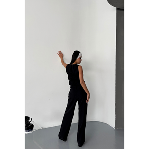 Ensemble chemisier-pantalon GOFRE noir avec détail ruban, coupe ample, col à revers, longueur courte, couleur unie, disponible pour l'été et l'hiver, tailles XL, 2XL, 3XL - Product Image 2