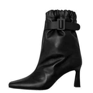 OEM Custom Women Pointy Toe Ankle Boots Solid Elastic Band Top Short Booties Belt Buckle High Heels Dress <b>Shoes</b> - Product Image 3